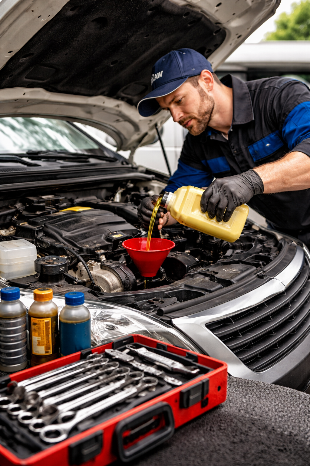 Mobile mechanic performing an oil change
