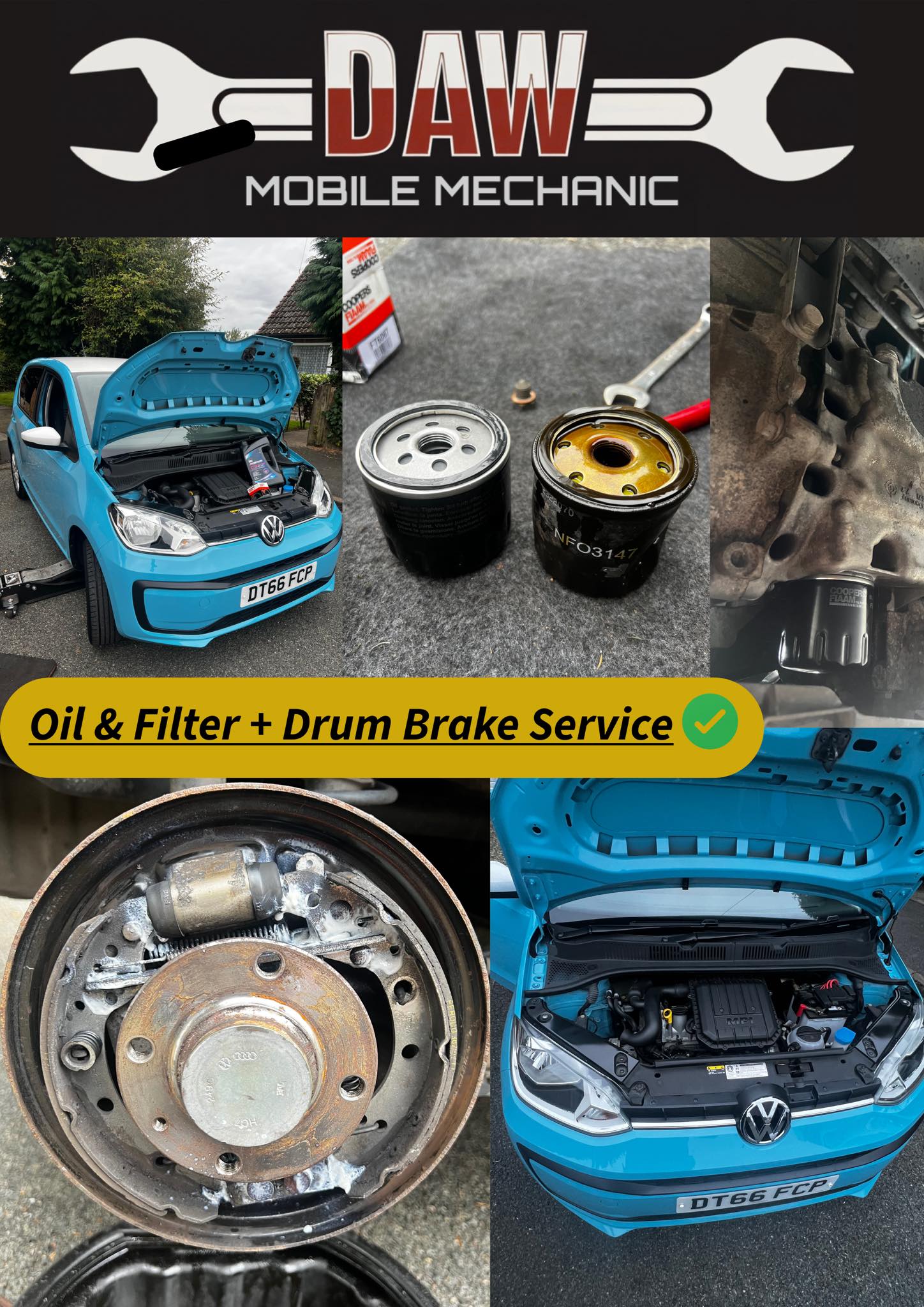 Oil & Filter change + Drum brake service on customers VW UP